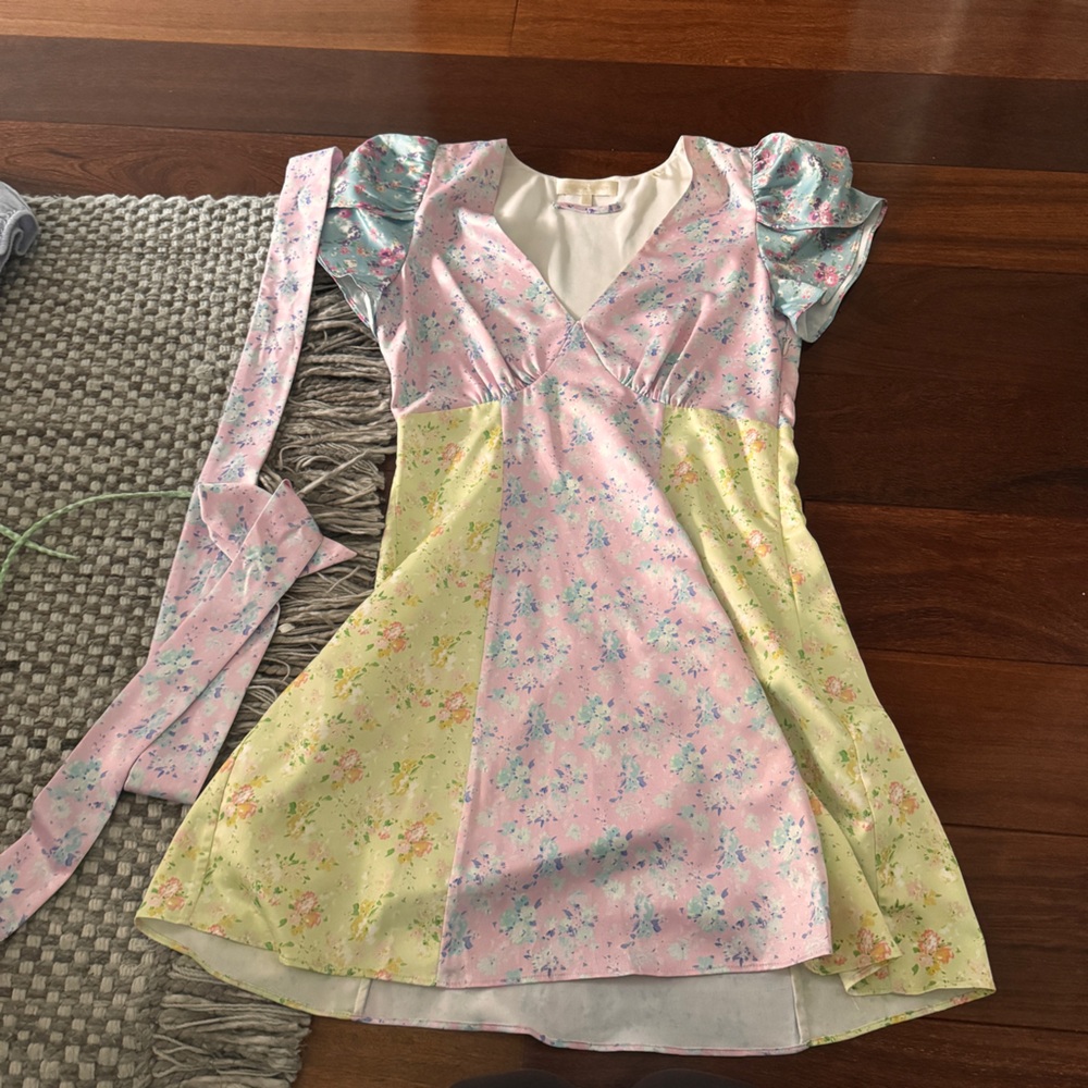 LoveShackFancy Pink and Yellow Ruffled Mini Dress with Puff Sleeves